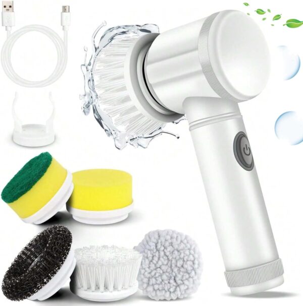 Magic Electric Cleaning Brush – USB Rechargeable, 5-in-1 Cordless Power Scrubber with 5 Brush Heads (White)