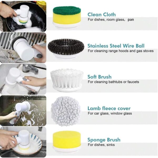 Magic Electric Cleaning Brush – USB Rechargeable, 5-in-1 Cordless Power Scrubber with 5 Brush Heads (White) - Image 4