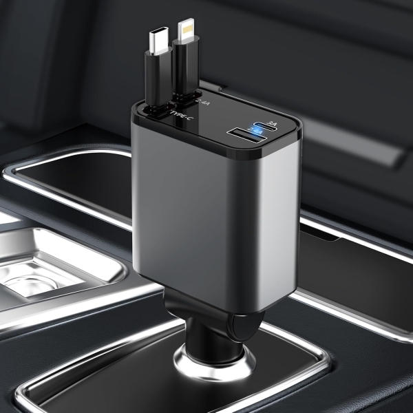 4-in-1 Retractable Car Charger, 66W Fast Charging with USB A, USB C & Cables, Compatible with iPhone, Galaxy, Pixel & More
