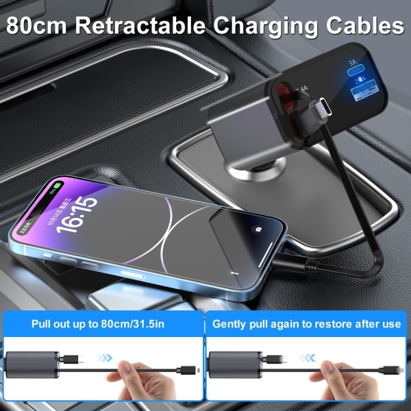 4-in-1 Retractable Car Charger, 66W Fast Charging with USB A, USB C & Cables, Compatible with iPhone, Galaxy, Pixel & More - Image 3