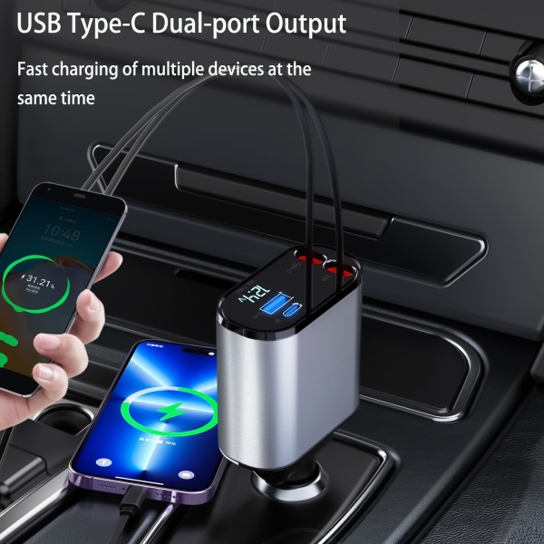 4-in-1 Retractable Car Charger, 66W Fast Charging with USB A, USB C & Cables, Compatible with iPhone, Galaxy, Pixel & More - Image 5
