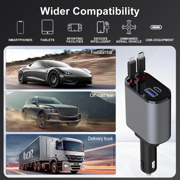4-in-1 Retractable Car Charger, 66W Fast Charging with USB A, USB C & Cables, Compatible with iPhone, Galaxy, Pixel & More - Image 7